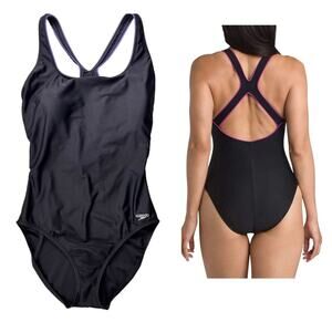 Speedo Athletic Ultraback Racerback Black w Purple Piping One Piece Swimsuit 6